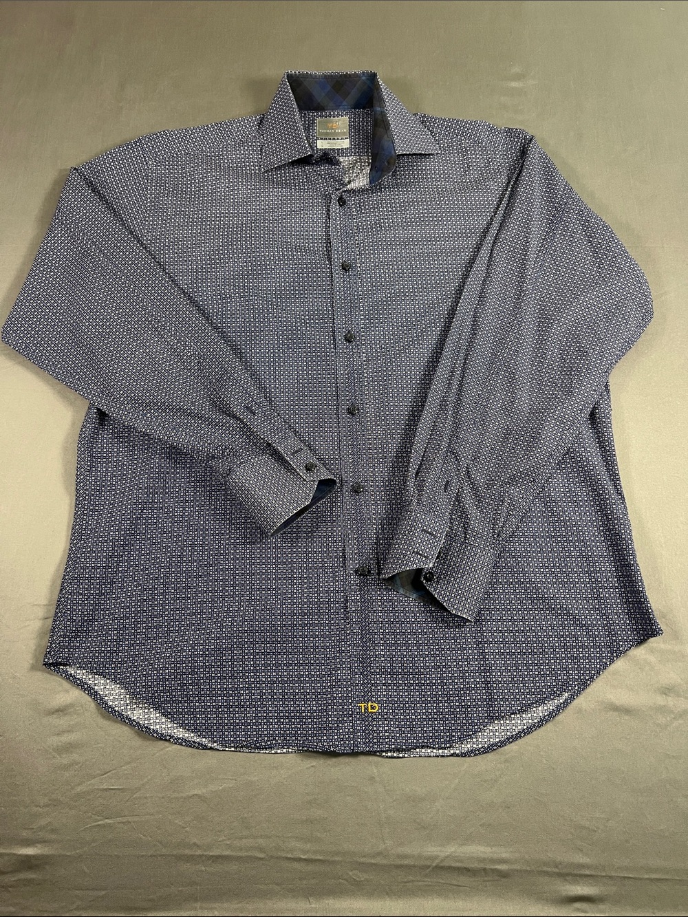 Thomas Dean Navy Micro-Pattern Long Sleeve Dress Shirt
